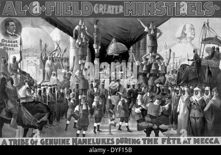 Vaudeville style painted poster advertising Al. G. Field's Greater Minstrels, described as 'A Tribe of Genuine Mamelukes during the fete at mecca'. The image shows them performing acrobatic balancing feats. Circa late 19th-Early 20th century. Stock Photo