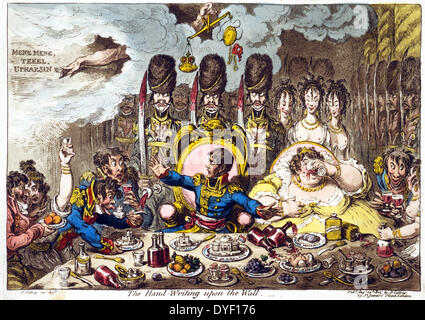 The hand-writing upon the wall by James Gillray, 1756-1815, artist. Published 1803. Napoleon, Josephine, French soldiers and women seated at feast with dishes 'Bank of England,' 'St. James,' 'Tower of London,' and 'Roast Beef of old England.' Napoleon looks in horror at hand of Jehovah pointing to words in sky: 'Mene , tekel upharsin.' Stock Photo