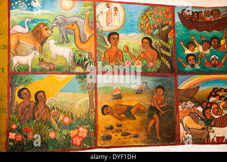 Naive Paintings (Ethiopian style) of biblical stories in a church in kalacha Kenya Stock Photo