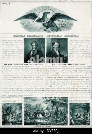 Political Poster from 1840 for the National Democrat Republican Convention. Featuring mid length portraits of Martin Van Buren and Richard M Johnson. Advocating them in their campaign to become President and Vice President. At the top of the poster is an Eagle with a scroll marked 'Liberty & Equality'. Below, illustrations of battle scenes. Stock Photo