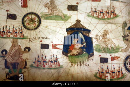 Detail from an illustrated navigational map of Europe, from 1528. Made by Jacopo Russo. In Messina, Sicily. Stock Photo