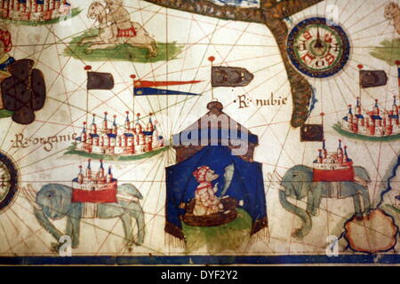 Detail from an illustrated navigational map of Europe, from 1528. Made by Jacopo Russo. In Messina, Sicily. Stock Photo