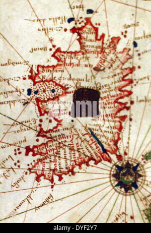 Detail from an illustrated navigational map of Europe, from 1528. Made by Jacopo Russo. In Messina, Sicily. Stock Photo