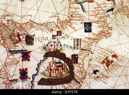 Detail from an illustrated navigational map of Europe, from 1528. Made by Jacopo Russo. In Messina, Sicily. Stock Photo