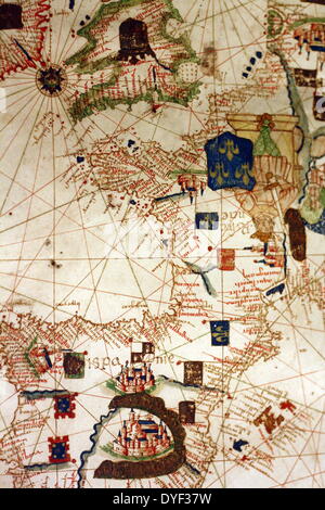 Detail from an illustrated navigational map of Europe, from 1528. Made by Jacopo Russo. In Messina, Sicily. Stock Photo