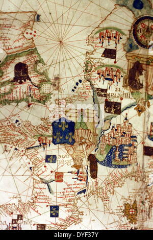 Detail from an illustrated navigational map of Europe, from 1528. Made by Jacopo Russo. In Messina, Sicily. Stock Photo