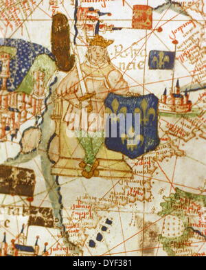 Detail from an illustrated navigational map of Europe, from 1528. Made by Jacopo Russo. In Messina, Sicily. Stock Photo