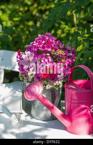 Summer flowers in a watering can Stock Photo