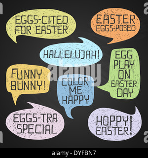 Easter hand-drawn colorful humorous phrases on chalkboard background Stock Photo