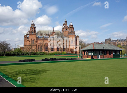 View from the west of Kelvingrove Art Gallery & Museum in the west end of Glasgow Scotland with bowling green and house front Stock Photo