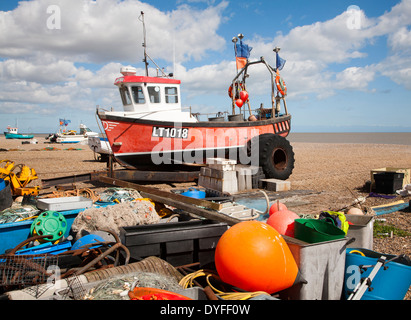 Fishing boats and equipment on the beach at Aldeburgh, Suffolk, England Stock Photo