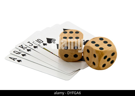 royal flush in spades with two wooden dice showing sixes Stock Photo