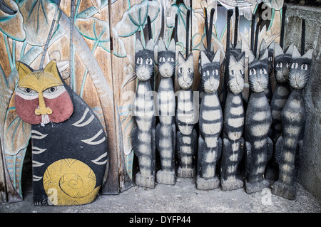 Carved Wooden Souvenir Cats in village Mas Bali Indonesia Stock Photo