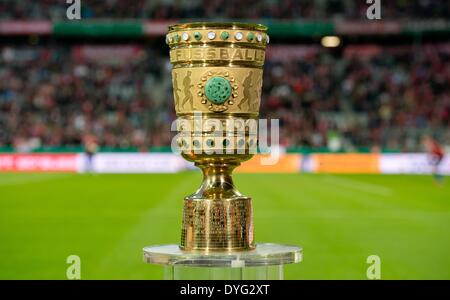 Munich, Germany. 16th Apr, 2014. The cup sits in the stadium before the DFB Cup semifinal match between FC Bayern Munich and FC Kaiserslautern at Allianz Arena in Munich, Germany, 16 April 2014. Photo: SVEN HOPPE/dpa/Alamy Live News Stock Photo