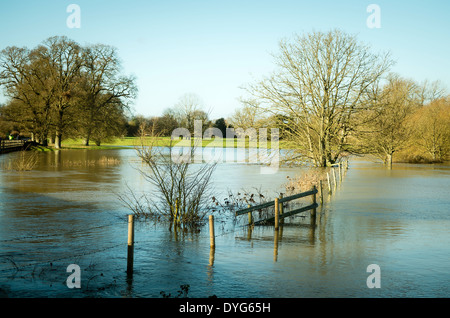 Riverbank fence alone marks the course of the River Avon in Lacock with much of the valley flooded Stock Photo