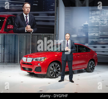 President and CEO BMW North America Ludwig Willisch speaks at unveiling edition 2015 BMW X4 series cars at New York auto show Stock Photo