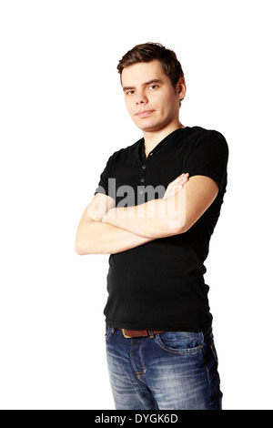 Studio shot of young manin black t-shirt, portrait isolated on white. Stock Photo