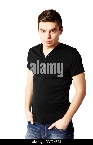 Studio shot of young man in black t-shirt, portrait isolated on white. Stock Photo