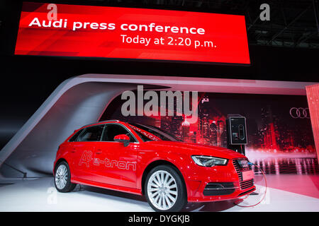 New York, USA. 16 April 2014. Audi shows its A3 e-tron plug-in hybrid car. The car is the first plug-in hybrid from Audi, and is expected to go on sale in the spring of 2015. Credit:  Ed Lefkowicz/Alamy Live News Stock Photo