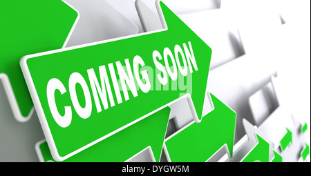 Coming Soon Concept. Green Arrows on a Grey Background Indicate the Direction. Stock Photo