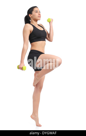 Fitness woman doing aerobic exercise with weights isolated on a white background Stock Photo