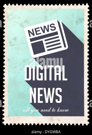Digital News on Blue Background. Vintage Concept in Flat Design with Long Shadows. Stock Photo