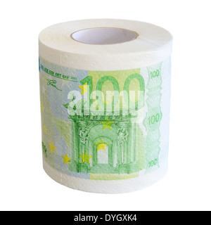 100 Euro banknotes toilet paper roll isolated on white background Stock Photo