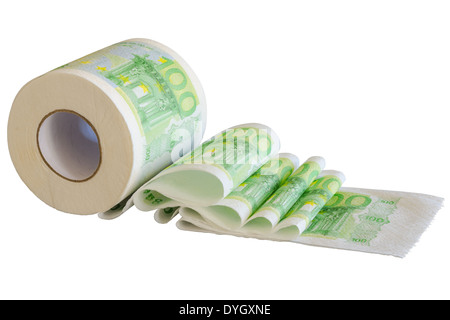 Toilet paper roll with European Union currency banknotes isolated Stock Photo
