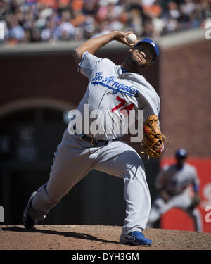 San Francisco, California, USA. 17th Apr, 2014. Los Angeles Dodgers relief pitcher Kenley Jansen (74) pitches in the ninth inning on Thursday, April 17, 2014 in San Francisco, Calif. Credit:  Jose Luis Villegas/Sacramento Bee/ZUMAPRESS.com/Alamy Live News Stock Photo