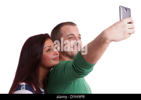 happy young couple taking a selfie with smart phone camera Stock Photo