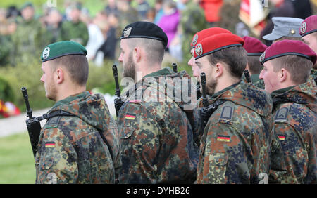 Sonderborg, Denmark. 18th Apr, 2014. Danish soldiers take part in the ceremony to mark the 150th anniversary of the Battle of Dybbol in Sonderborg, Denmark, 18 April 2014. 150 years ago, the Germans and Danes fought over Schleswig-Holstein. The war climaxed with the Battle of Dybbol. The anniversary on 18 April will be widely celebrated in Denmark. Photo: AXEL HEIMKEN/dpa/Alamy Live News Stock Photo