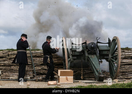 Sonderborg, Denmark. 18th Apr, 2014. Soldiers in historic uniforms take part in the ceremony to mark the 150th anniversary of the Battle of Dybbol in Sonderborg, Denmark, 18 April 2014. 150 years ago, the Germans and Danes fought over Schleswig-Holstein. The war climaxed with the Battle of Dybbol. The anniversary on 18 April will be widely celebrated in Denmark. Photo: AXEL HEIMKEN/dpa/Alamy Live News Stock Photo