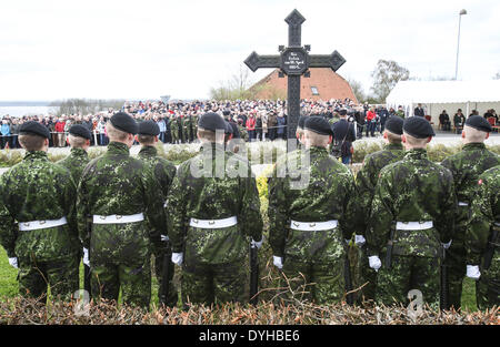 Sonderborg, Denmark. 18th Apr, 2014. Danish soldiers take part in the ceremony to mark the 150th anniversary of the Battle of Dybbol in Sonderborg, Denmark, 18 April 2014. 150 years ago, the Germans and Danes fought over Schleswig-Holstein. The war climaxed with the Battle of Dybbol. The anniversary on 18 April will be widely celebrated in Denmark. Photo: AXEL HEIMKEN/dpa/Alamy Live News Stock Photo