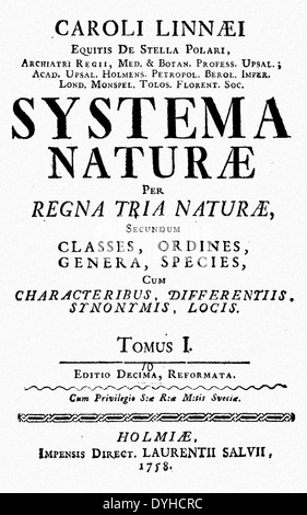 CARL LINNAEUS (1707-1778) Swedish botanist. Title page of the tenth edition (1758) of his Systema Naturae Stock Photo