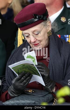 Sonderborg, Denmark. 18th Apr, 2014. Danish Queen Margrethe II takes part in the ceremony to mark the 150th anniversary of the Battle of Dybbol in Sonderborg, Denmark, 18 April 2014. 150 years ago, the Germans and Danes fought over Schleswig-Holstein. The war climaxed with the Battle of Dybbol. The anniversary on 18 April will be widely celebrated in Denmark. Photo: BODO MARKS/dpa/Alamy Live News Stock Photo