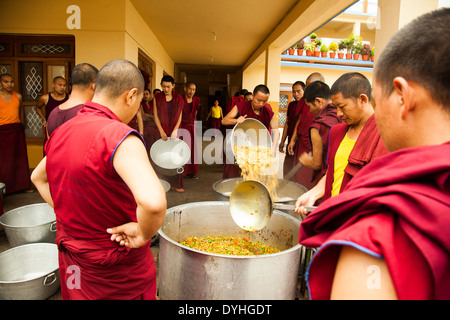 Monks preparing rice food as a lunch in Bylakuppe, India Stock Photo