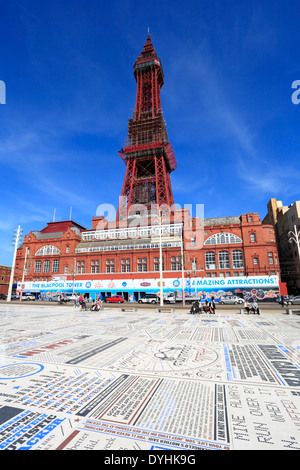 Blackpool Tower and Comedy Carpet Promenade seafront regeneration, Blackpool, Lancashire, England, UK. Stock Photo