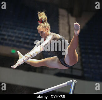 Birmingham, AL, USAA. 18th Apr, 2014. April 18, 2014: Georgia's Chelsea Davis performs on the bars during the 2014 NCAA Women's Gymnastics National Championship at the Birmingham Jefferson Convention Complex in Birmingham, AL. Kyle Okita/CSM/Alamy Live News Stock Photo