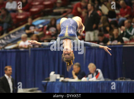 Birmingham, AL, USAA. 18th Apr, 2014. April 18, 2014: Michigan's Nicole Artz on the floor during Session 1 of the 2014 NCAA Women's Gymnastics National Championship at the Birmingham Jefferson Convention Complex in Birmingham, AL. Kyle Okita/CSM/Alamy Live News Stock Photo