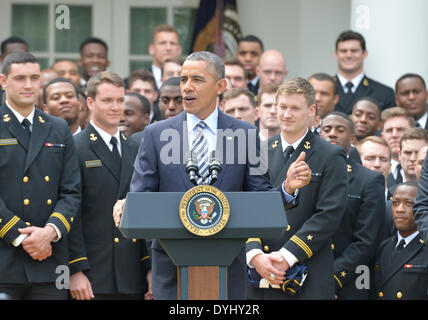 Washington, USA. 18th Apr, 2014. US President Barack Obama speaks during the presentation of the Commander-in-Chief Trophy to the US Naval Academy Football Team at the White House in Washington April 18, 2014. © Bao Dandan/Xinhua/Alamy Live News Stock Photo