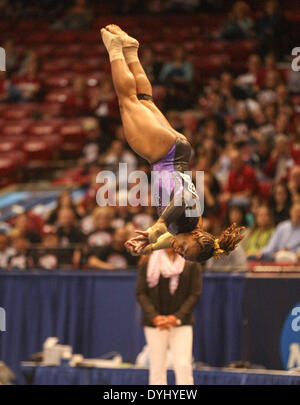 Birmingham, AL, USAA. 18th Apr, 2014. April 18, 2014: LSU's Lloimincia Hall on the floor during Session 1 of the 2014 NCAA Women's Gymnastics National Championship at the Birmingham Jefferson Convention Complex in Birmingham, AL. Kyle Okita/CSM/Alamy Live News Stock Photo