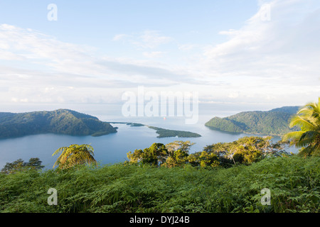 An aerial  view of the entrance to the islands and bay of Golfo Dulce and Golfito in the southern zone of Costa Rica Stock Photo