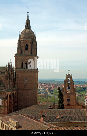 A climb up La Clerecía tower known as the Escalera al Cielo or the Stairway to Heaven offers this view on Salamanca Cathedral. Stock Photo