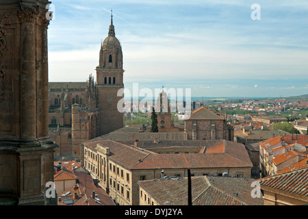 A climb up La Clerecía tower known as the Escalera al Cielo or the Stairway to Heaven offers this view on Salamanca Cathedral. Stock Photo