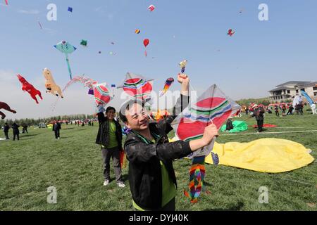 Weifang, China's Shandong Province. 19th Apr, 2014. Participants try to fly a kite during the 31st Weifang International Kite Festival in Weifang, east China's Shandong Province, April 19, 2014. © Zhang Chi/Xinhua/Alamy Live News Stock Photo
