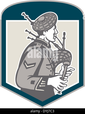 Illustration of a scotsman bagpiper playing bagpipes viewed from side set inside shield crest on isolated background done in ret Stock Photo