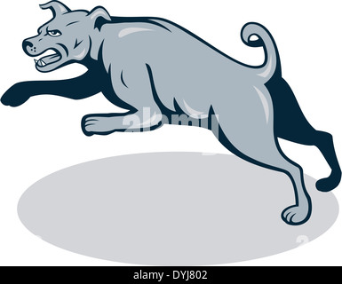 Illustration of an angry barking mastiff dog mongrel viewed from side jumping on white background done in cartoon style. Stock Photo