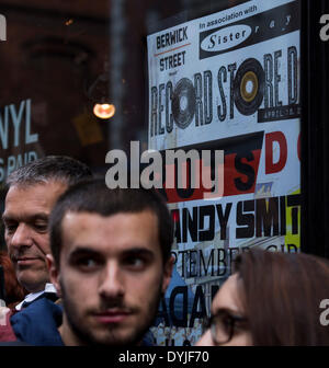 London, UK. 19th April 2014. Berwick Street, vynil destination in Soho, is home to the biggest concentration of indie record shops in London, UK.  The street was transformed into a mini music festival during the celebrations of Record Store Day 2014 on Saturday 19 April, 2014 Credit:  Cecilia Colussi/Alamy Live News Stock Photo