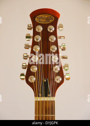 Head-stock of 12 string Stagg electro/acoustic guitar showing chrome tuning pegs and nut - front view - colour Stock Photo