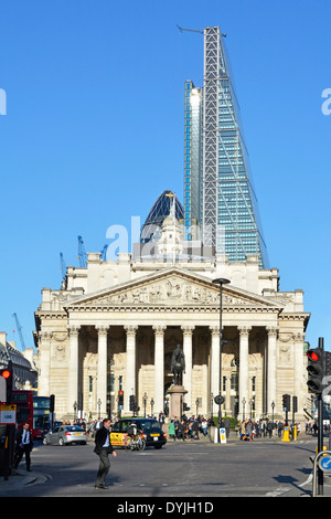 Bank road junction & City of London skyline Leadenhall Cheese Grater landmark towers above historical Royal Exchange & modern Gherkin skyscraper UK Stock Photo